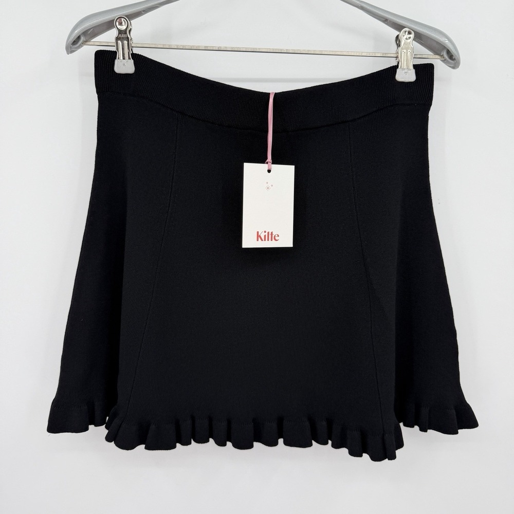 Kilte Collection Raleigh Rib Knit Ruffle Hem Mini Skirt Black HC515-BLK-1 Size 1